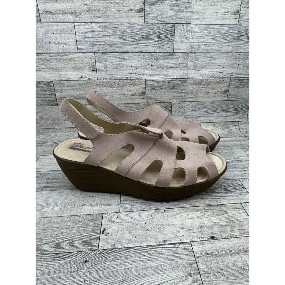 Skechers Rumblers Women Sz 9.5 Taupe Suede Memory Foam Wedge Slingback Sandals